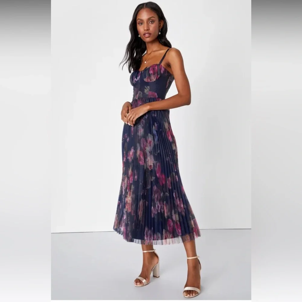 ππ©· Lulus Alluring Invite Midnight Blue Floral Pleated Bustier Dress - XL ππ©· - Picture 1 of 10